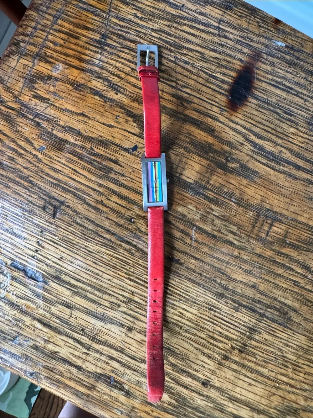 Cynthia Rowley Red Strap Rectangular Watch with Multicolor Stripe Face